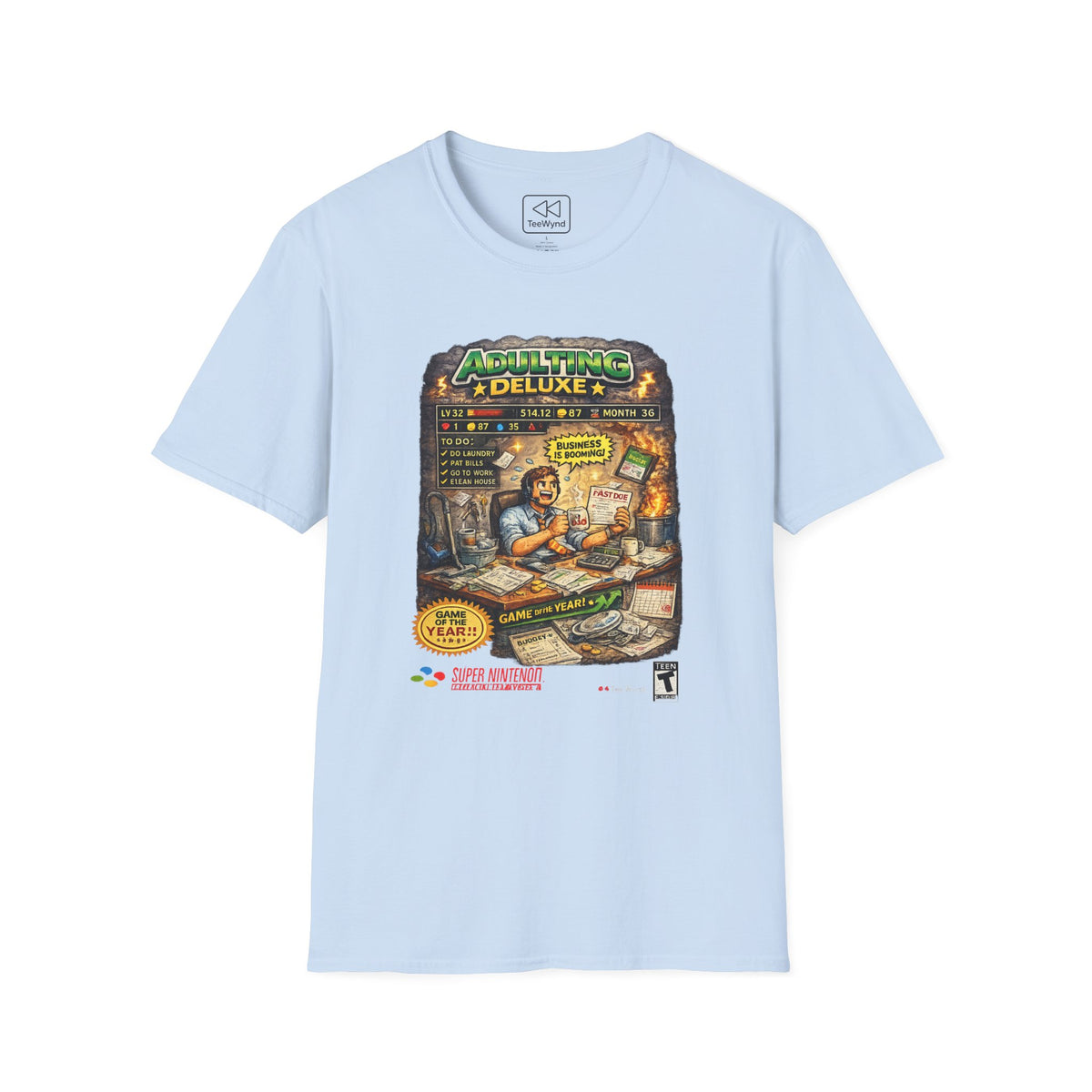 Adulting Deluxe T‑Shirt — Funny Video Game Parody "Adulting Deluxe" Graphic Tee for New Grads & Young Adults