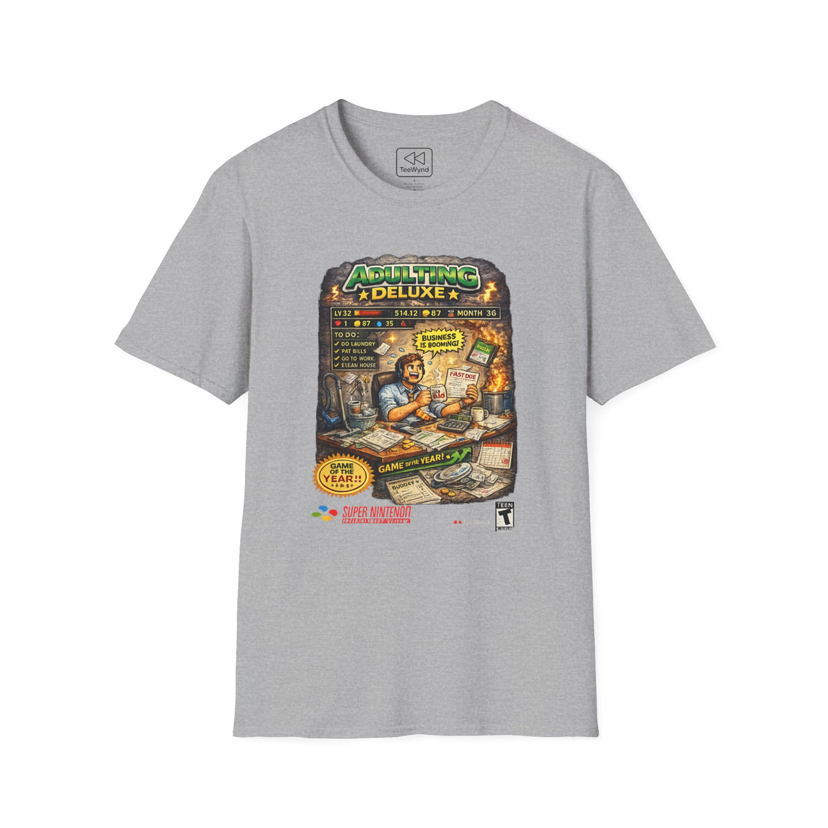 Adulting Deluxe T‑Shirt — Funny Video Game Parody "Adulting Deluxe" Graphic Tee for New Grads & Young Adults