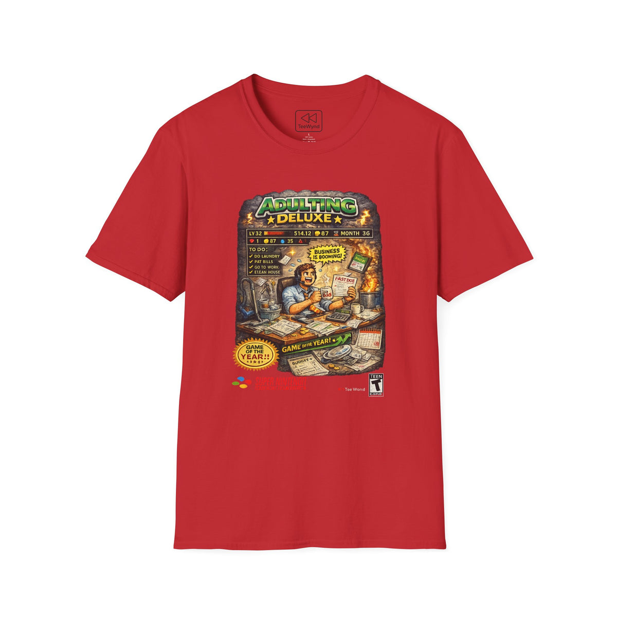 Adulting Deluxe T‑Shirt — Funny Video Game Parody "Adulting Deluxe" Graphic Tee for New Grads & Young Adults