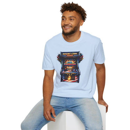 T-Shirt — "Insert Coin for Freedom" Retro Arcade Graphic Tee