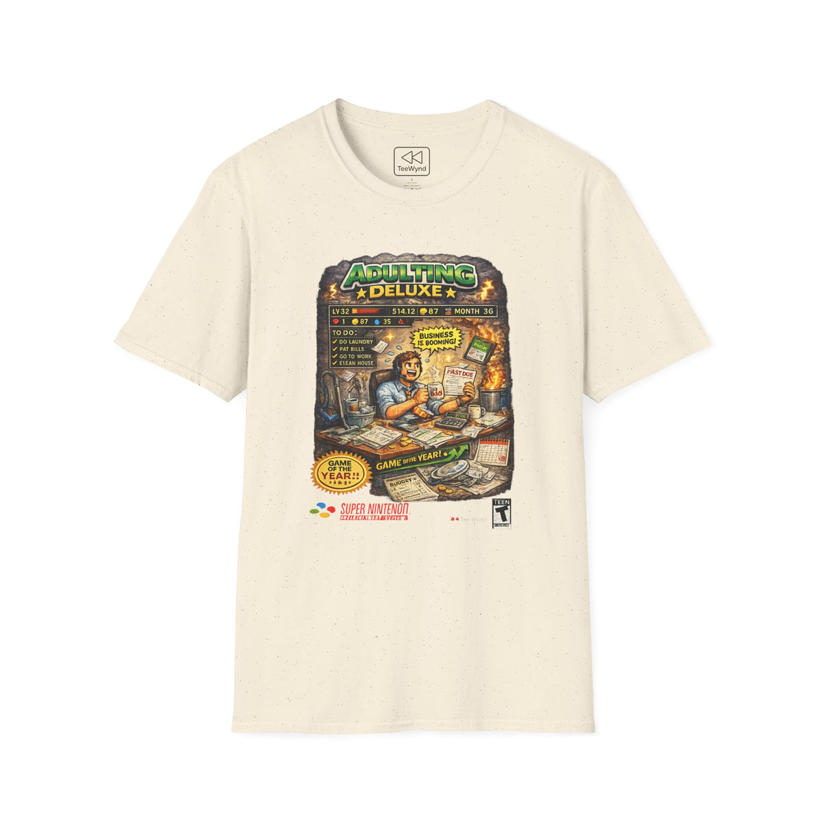 Adulting Deluxe T‑Shirt — Funny Video Game Parody "Adulting Deluxe" Graphic Tee for New Grads & Young Adults
