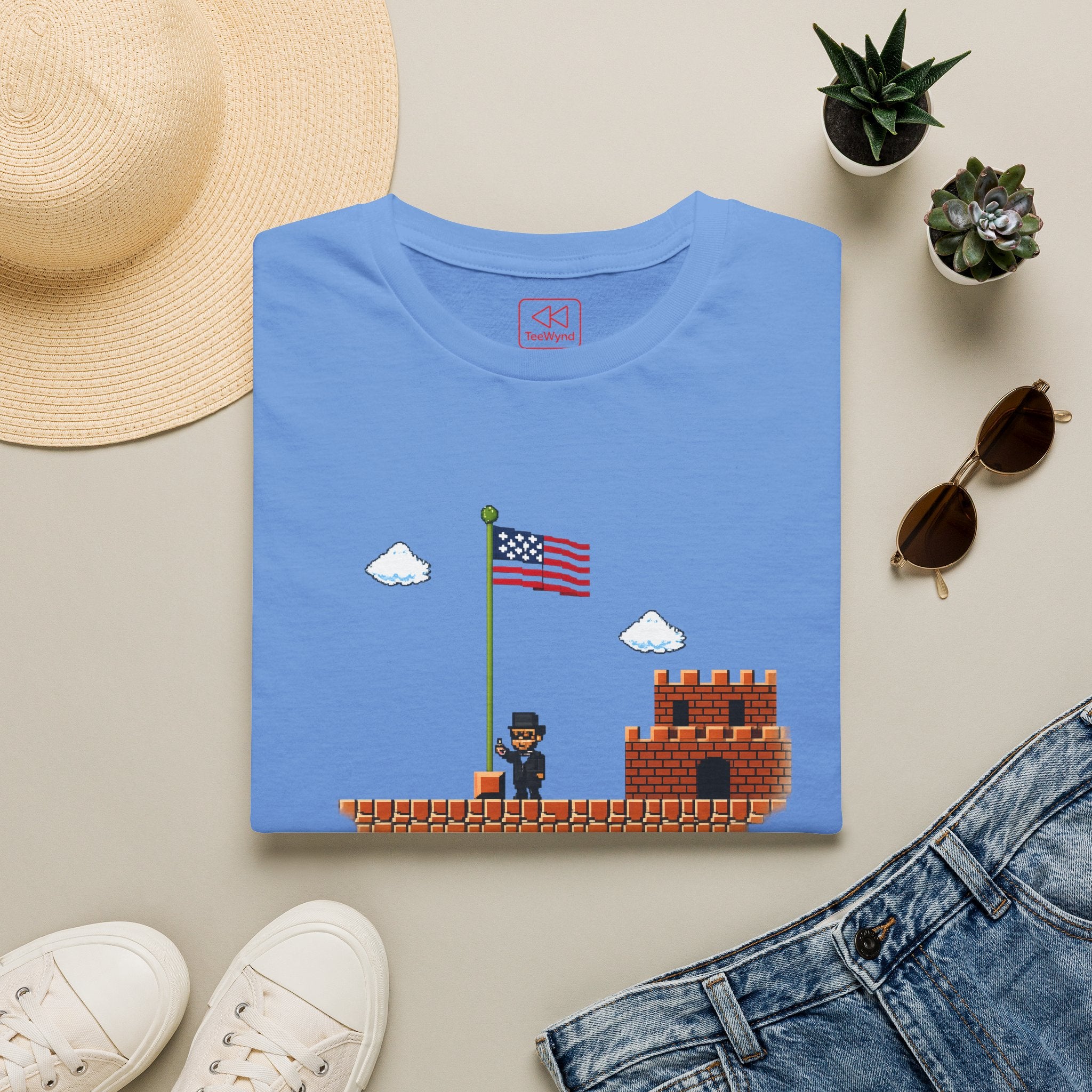 Honest Abe Level Up T‑Shirt — Retro 8‑Bit American Flag Tee