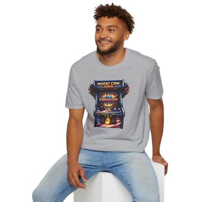 T-Shirt — "Insert Coin for Freedom" Retro Arcade Graphic Tee