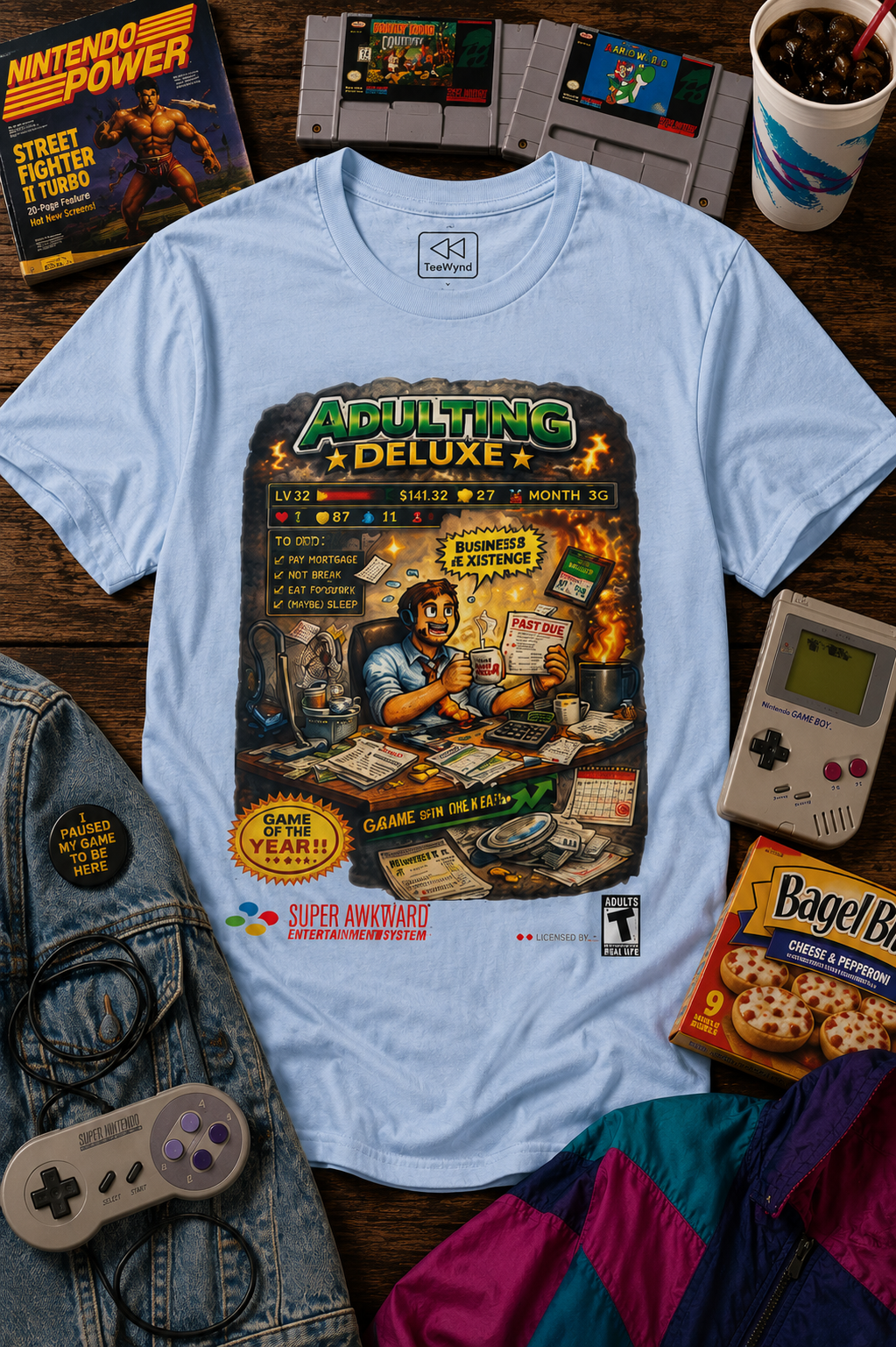 Adulting Deluxe T‑Shirt — Funny Video Game Parody "Adulting Deluxe" Graphic Tee for New Grads & Young Adults