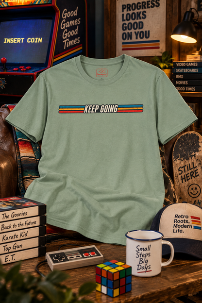 Keep Going Retro Stripe T-Shirt — Motivational Vintage Graphic Tee