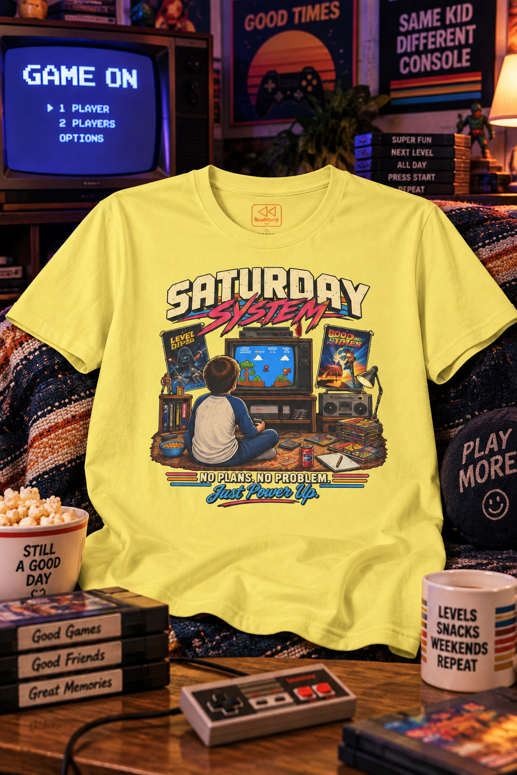 Saturday System: No Plans No Problem - Retro Gaming T-Shirt