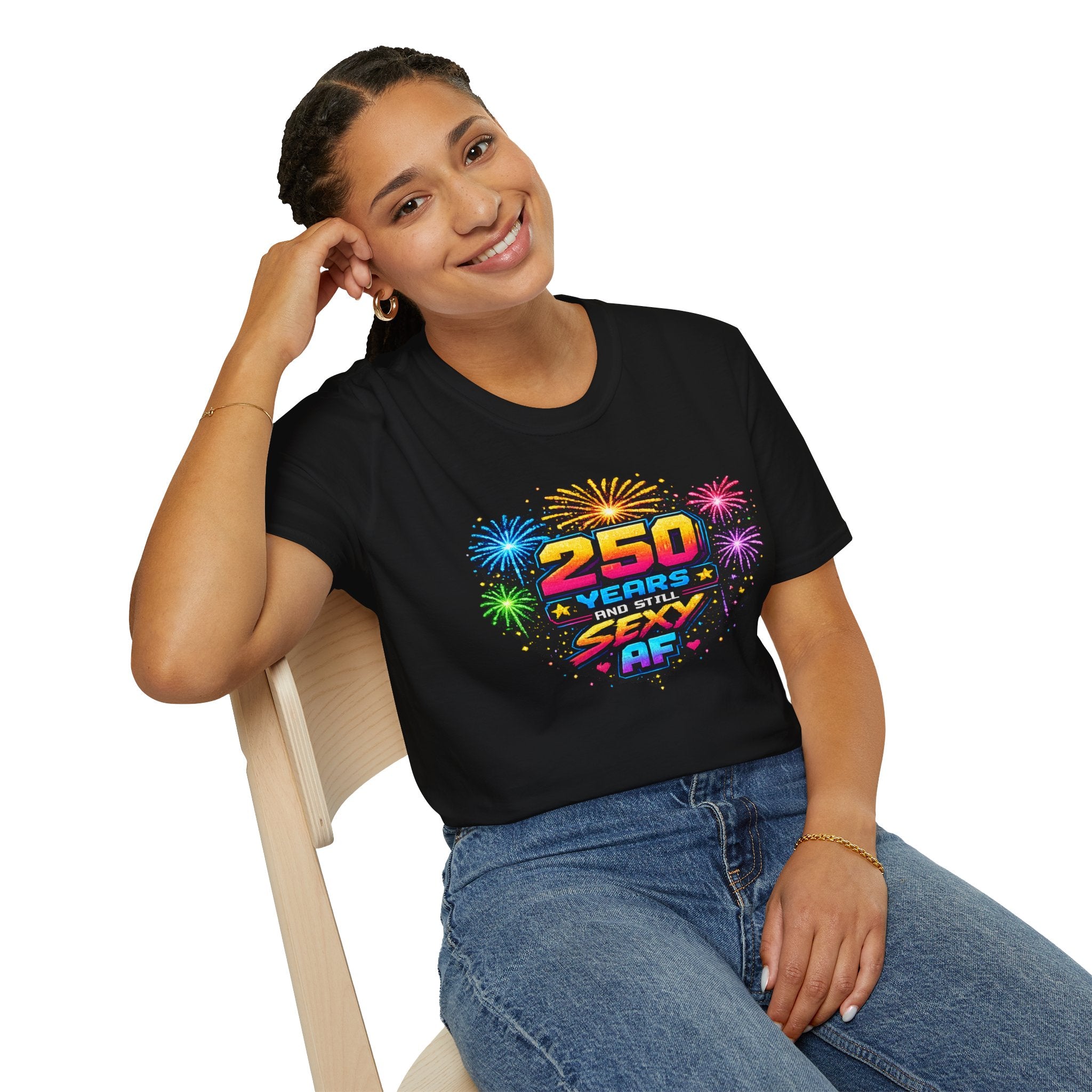 T-Shirt — "250 Years and Still Sexy AF" Retro Fireworks Birthday Tee