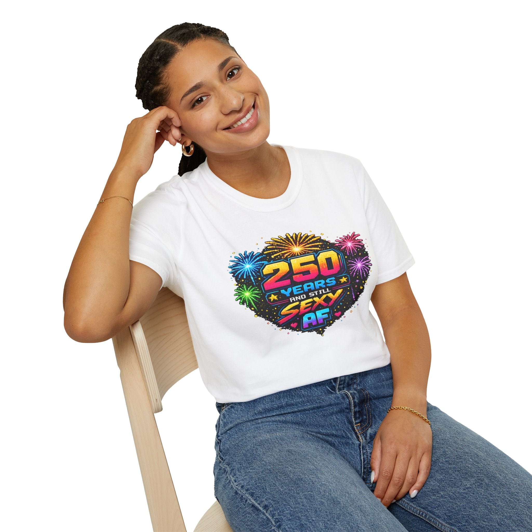 T-Shirt — "250 Years and Still Sexy AF" Retro Fireworks Birthday Tee