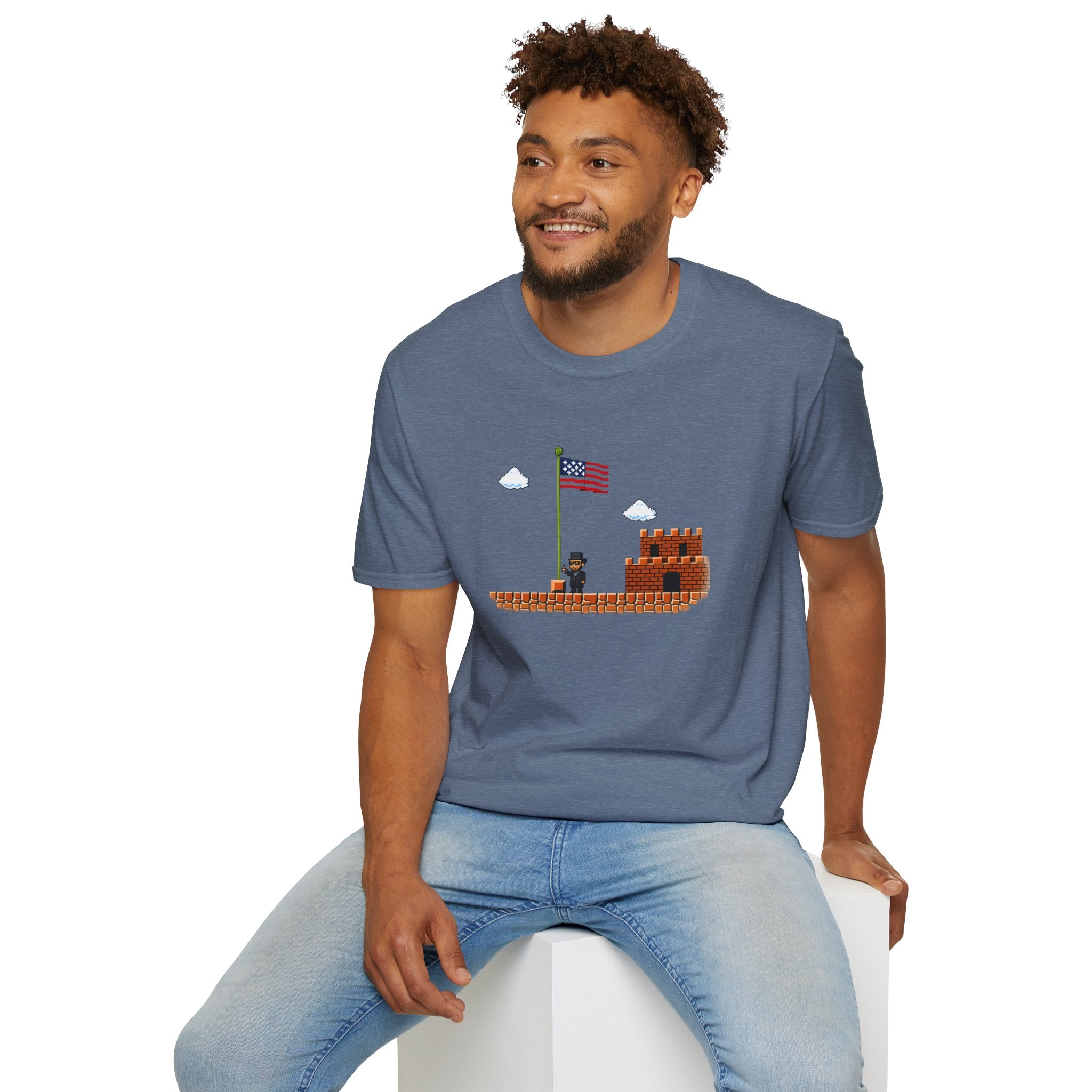 Honest Abe Level Up T‑Shirt — Retro 8‑Bit American Flag Tee
