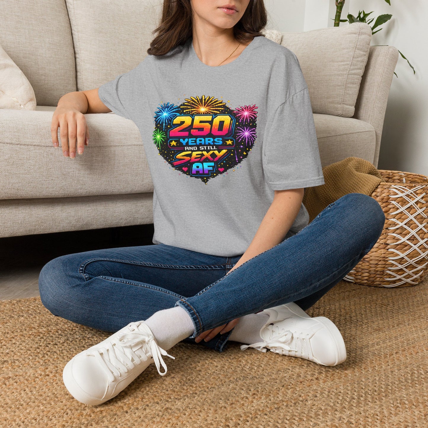 T-Shirt — "250 Years and Still Sexy AF" Retro Fireworks Birthday Tee