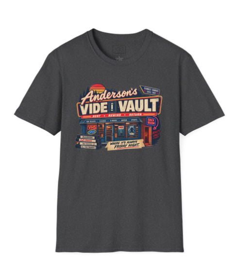 Video Vault Retro Storefront T‑Shirt — Anderson's Vintage VHS Design